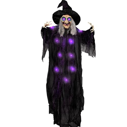 JOYIN 72” Hanging Witch Decoration with Light-up Eyes and Sound Activation Function Animated Talking Witch for Halloween Decorations Haunted House Prop Décor, Outdoor/Indoor Hanging Decorations