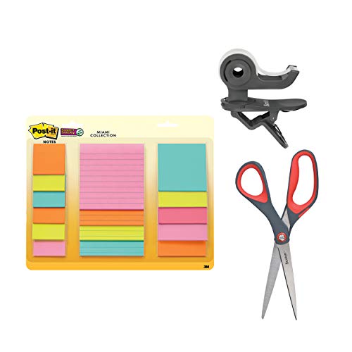 Work From Home Essentials Kit, Includes Clip & Twist Tape Dispenser, Precision Scissors, and Post-it Assorted Colors Multipack