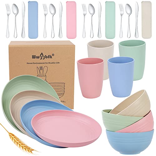 28PCS Kitchen Wheat Streaw Dinnerware Sets, Wheat Straw Plates and Bowls Sets, College Dorm Dinnerware Dishes Set for 4 with Cutlery Set