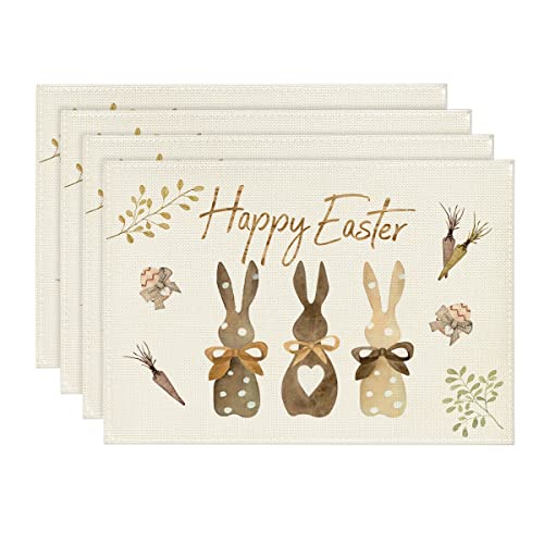 Artoid Mode Carrots Rabbit Bunny Happy Easter Placemats for Dining Table, 12 x 18 Inch Spring Seasonal Holiday Decoration Rustic Vintage Washable Table Mats Set of 4
