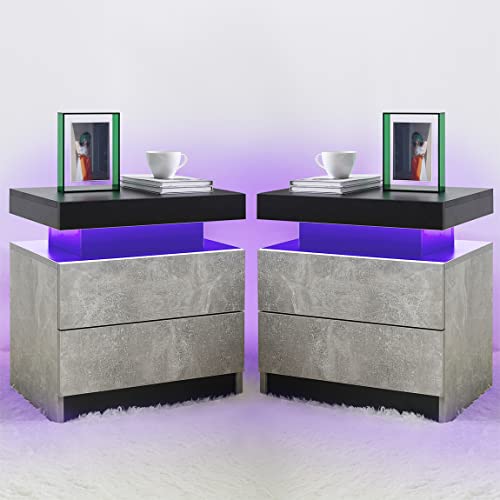i-aplus Nightstand Set of 2 LED Nightstand with 2 Drawers, Bedside Table with Drawers for Bedroom Furniture, Side Bed Table with LED Light, Grey