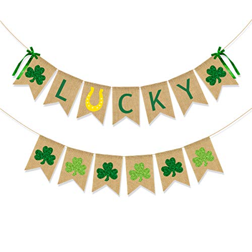 CAVLA Lucky Burlap Banner and Glitter Shamrock Banner St. Patrick's Day Green Shamrock Lucky Banner Garland with Bows Saint Patrick's Day Party Decorations for Irish Lucky Day St. Patty's Day Decor