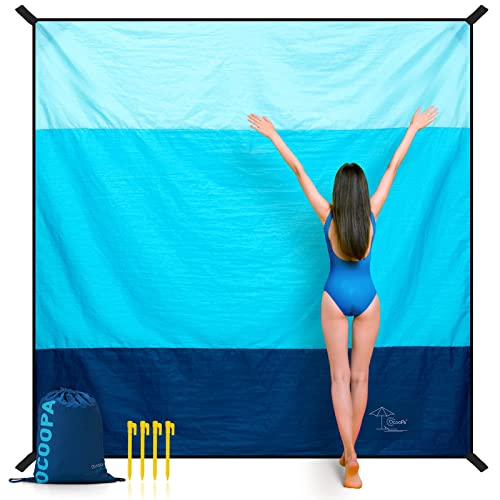 OCOOPA Diveblues Beach Blanket, Extra Large Sandproof Waterproof, Picnic Mat, 8 Persons Family Size, Sand Free, Comfortable, Durable Parachute Nylon 210T, Lightweight, 4 Stakes&1 Travel Bag, S09