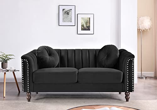 Container Direct US Pride Furniture 61.4'' Wide Velvet Modern Luxury Beautifully Style Living Room Removable Cushions and Turned Wood Legs Sofas, Black