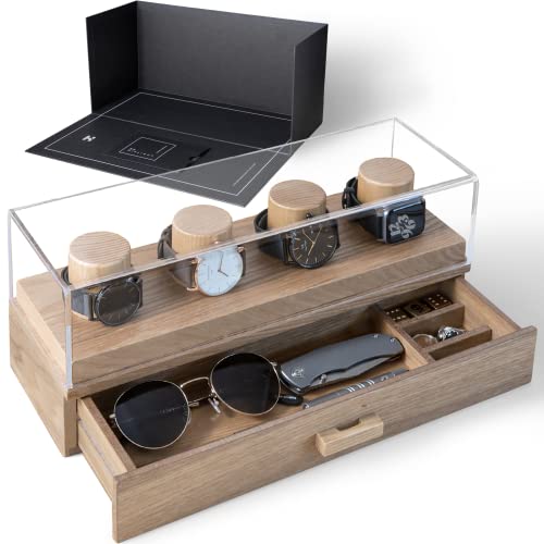 Watch Display Case Watch Holder - Watch Box Organizer for Men with Display and Drawer for Accessories - Wooden Watch Cases for Men - Mens Watch Box - Valentine's Day Gift for Men Boyfriend - Oak