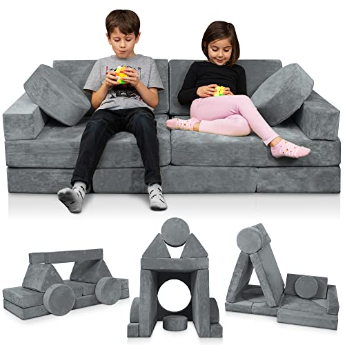 Lunix LX15 14pcs Modular Kids Play Couch, Child Sectional Sofa, Fortplay Bedroom and Playroom Furniture for Toddlers, Convertible Foam and Floor Cushion for Boys and Girls, Gray