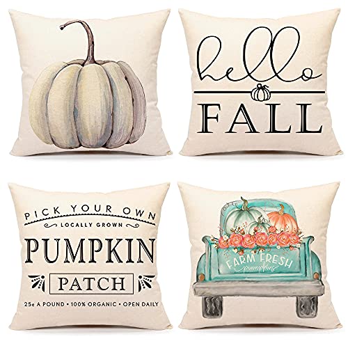 4TH Emotion Fall Decor Pillow Covers 18x18 Set of 4 White Pumpkin Farmhouse Decorations Throw Cushion Case for Fall Thanksgiving Home Decorative Pillows