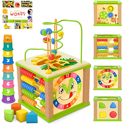 TOYVENTIVE Wooden Kids Baby Activity Cube - Girls Gift Set | 1st Birthday Gifts Toys for 1 One, 2 Year Old Girl | Developmental Toddler Educational Learning Girl Toys 12-18 Months | Bead Maze