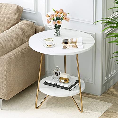 Tribesigns Faux Marble End Table, 2 Tier Round Side Table with Shelves, Modern Gold Nightstand Bedside Table Small Coffee Accent Table for Living Room Bedroom, White and Gold
