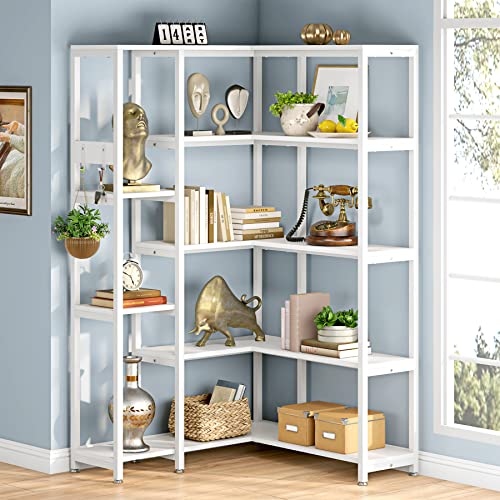 TIYASE 5-Shelf Corner Bookshelf, Modern Large Corner Etagere Bookcase, 5-Tier Tall Corner Shelf Display Storage Rack with Metal Frame for Living Room Home Office, White