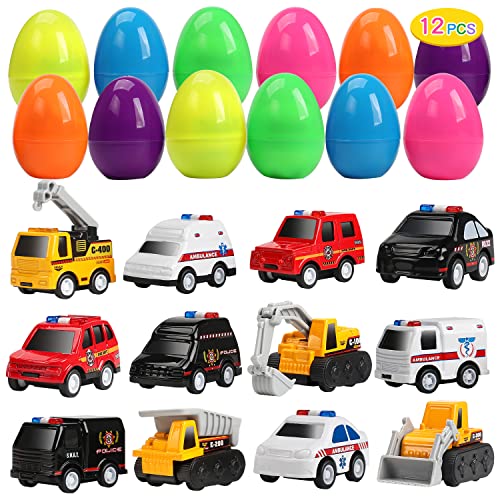 CUTE STONE 12 Pack Filled Easter Eggs with Alloy Pull Back Cars, Easter Basket Stuffers Easter Party Favors for Kids