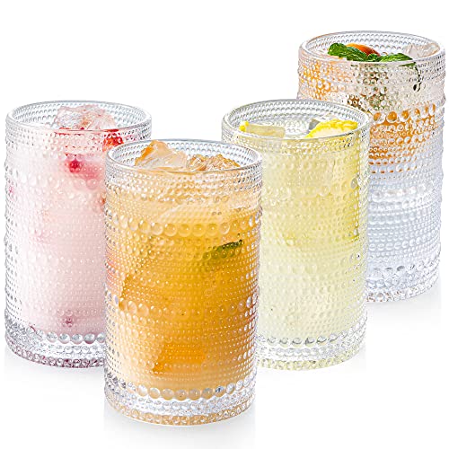 POLIDREAM Hobnail Drinking Glasses Set of 4, Art Deco Vintage Glassware, 12 oz Tall Crystal Tumblers, Clear Embossed Glass Cups, Romantic Iced Beverage Glass, for Beer, Cocktail, Soda, Cappuccino