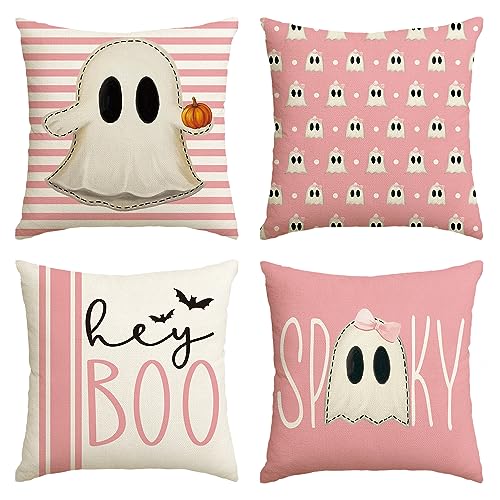 AVOIN colorlife Halloween Hey Boo Cute Ghost Spooky Pink Throw Pillow Covers, 18 x 18 Inch Horror Scary Cushion Case for Sofa Couch Set of 4