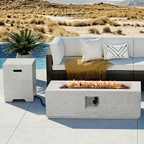 COSIEST 2-Piece Outdoor Propane Fire Pit Table Set w Tank Table, 42-inch Terrazzo Rectangle Fire Table (50,000 BTU) w 16 inches Tank Cover Side Table 20lb, Waterproof Cover for Garden, Pool, Backyard