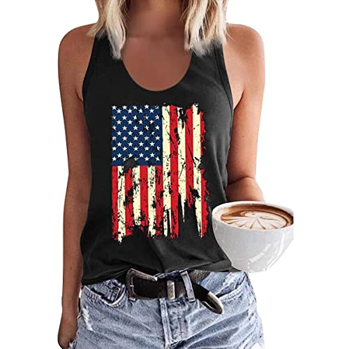 EIGIAGWNG Womens Leopard American Flag Star Tank Tops Cute July 4th Independence Day Sunflower Graphic Tees T-Shirts (C-Black, XL)