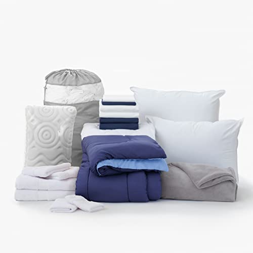 OCM Comfort Dorm Essentials Value Pack - 19 Piece Twin XL Set | Twin XL | Comforter, Sheets, Topper, Towels, Storage & More | Nate Blue and Navy | Classic Blue Solids