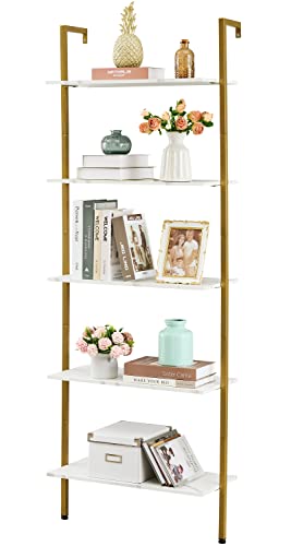 Tajsoon Large Bookcase, Industrial Ladder Shelf, 5-Tier Wood Wall Mounted Bookshelf with Metal Frame, Open Display Storage Shelves for Home, Office, Collection, Plant Flower, White & Gold