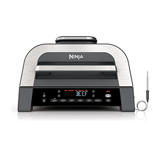 Ninja DG551 Foodi Smart XL 6-in-1 Indoor Grill with Air Fry, Roast, Bake, Broil, & Dehydrate, Foodi Smart Thermometer, 2nd Generation, Black/Silver