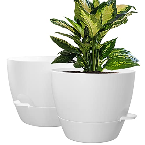 WOUSIWER 10 inch Self Watering Planters, 2 Pack Large Plastic Plant Pots with Deep Reservior and High Drainage Holes for Indoor Outdoor Plants and Flowers, White