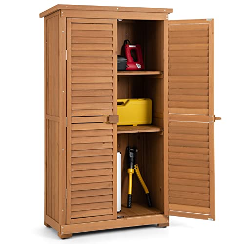 Goplus Outdoor Storage Cabinet, 63” Wood Garden Tool Shed with Double Lockable Doors 3 Shelves and Asphalt Roof, Multipurpose for Patio Lawn Garden Yard, Natural