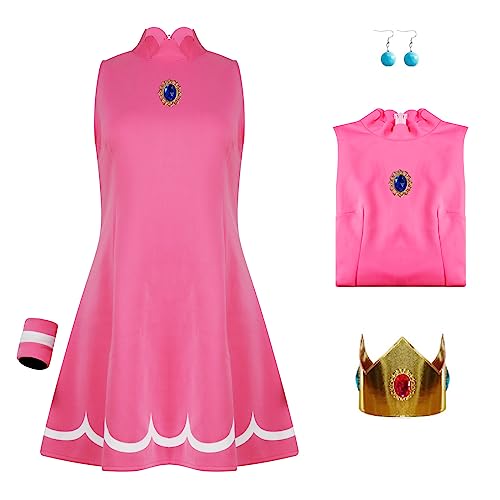 Poboola Princess Peach Costume Adult Daisy Rosalina Dress with Crown Cosplay Super Brothers Halloween Sport Outfit for Women L