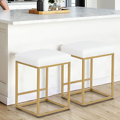 MAISON ARTS White Counter Height 24" Bar Stools Set of 2 for Kitchen Counter Modern Gold Barstools Upholstered Faux Leather Square Stools Backless Farmhouse Island Chairs,Support 330 LBS,24 Inch,White