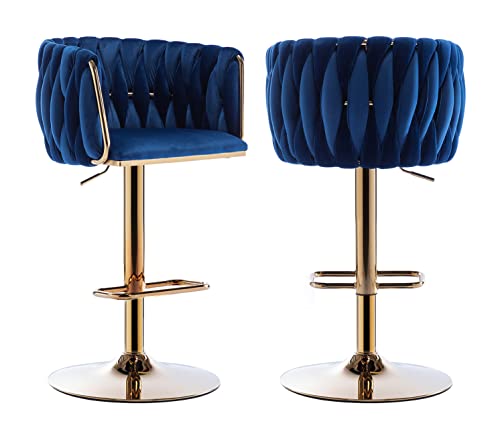 Velvet Swivel Bar Stools Set of 2, Adjustable Counter Height Bar Stools, Golden Leg Barstools for Kitchen Counter Island, Kitchen Bar Chairs with Footrest for Kitchen Island, Cafe, Pub, Blue