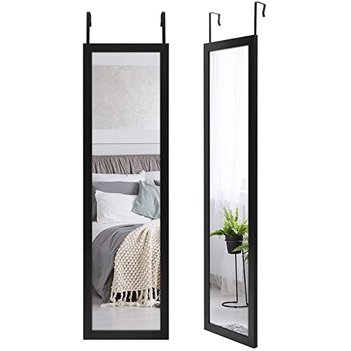 Americanflat 12x48 Black Over The Door Mirror - Full Length Hanging Door Mirror for Bedroom, Bathroom, Dorm - Long Full Body Mirror with Hanger and Shatter-Resistant Glass