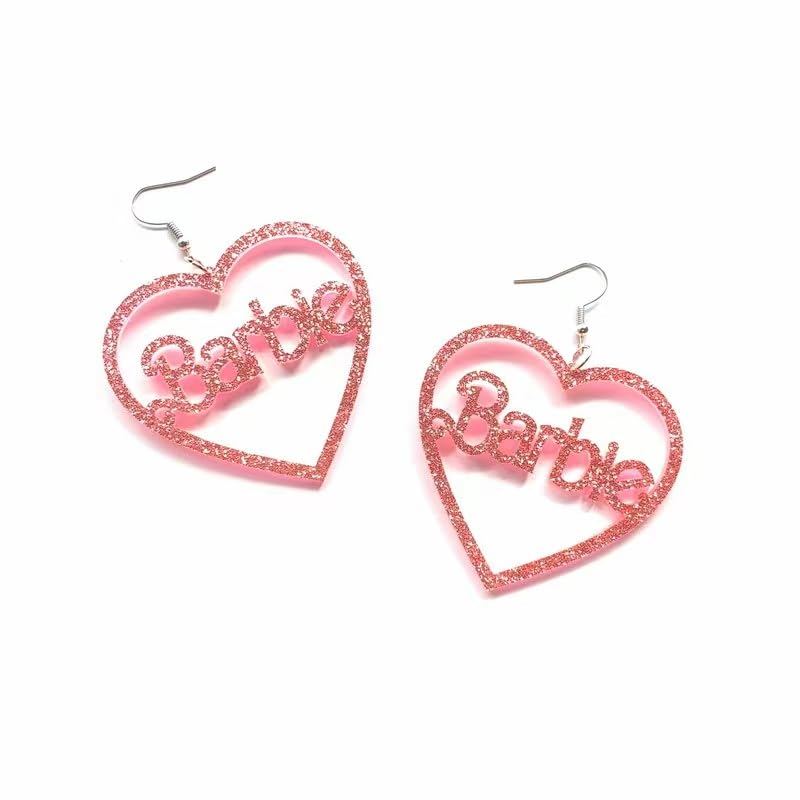 Cute Pair of Glitter Pink Heart Large Earrings with name Barbie. Great Pair of 1980’s Style Costume Earrings for 1980’s Costumes, Cute Dress Up Parties, and More. Great Pair of Pink Heart Earrings with Glitter. Super Cute Large Pair of Heart Earrings for