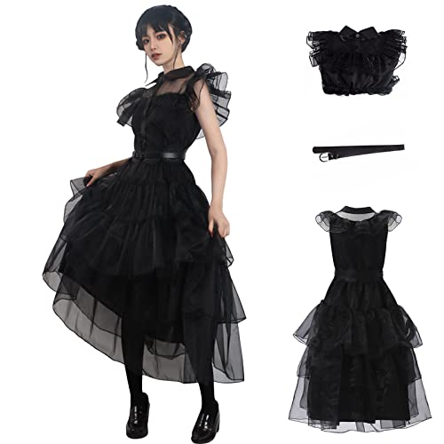 Family Wednesday Costume Vintage Goth Black Raven Dance Dress Cosplay Women Girl Tulle Lace Skirt Halloween Party Outfit (S-Dress)