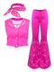 Naywig Cowgirl Outfit 70s 80s Hippie Disco Costume Pink Flare Pant Halloween Cosplay For Women Girls-X-Large