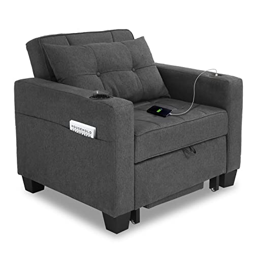 DURASPACE Futon Chair Bed Convertible Chair 3-in-1 Pull Out Sleeper Chair Beds with USB Ports, Armchair Bed Sleeper for Living Room (Dark Gray)