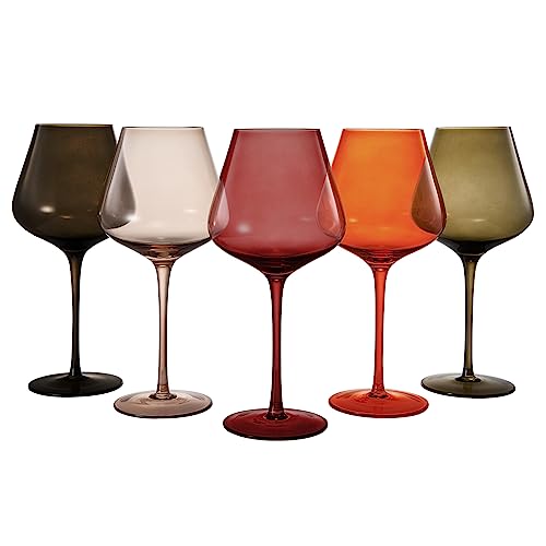 Colored Crystal Wine Glass Set of 5, Large 20 OZ Glasses, Summer Flower Bright Italian Style Tall Stemmed Drinkware for Red & White Wine, Water Dinner Glasses, Color Beautiful Glassware - (Stemmed)