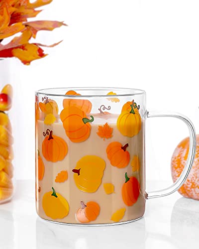 Pumpkin Glass Mug 15 Oz, Clear Fall Cup With Handle, Large Espresso Iced Coffee Glass, Hot Beverage Cappuccino Tea Drinking Glassware, Autumn Decor for Coffee Bar, Thanksgiving Gift for Pumkin Lover
