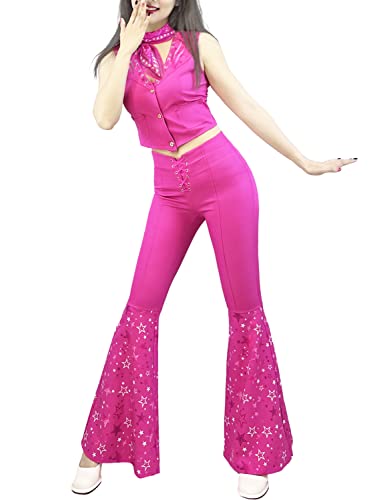 Naywig Cowgirl Outfit 70s 80s Hippie Disco Costume Pink Flare Pant