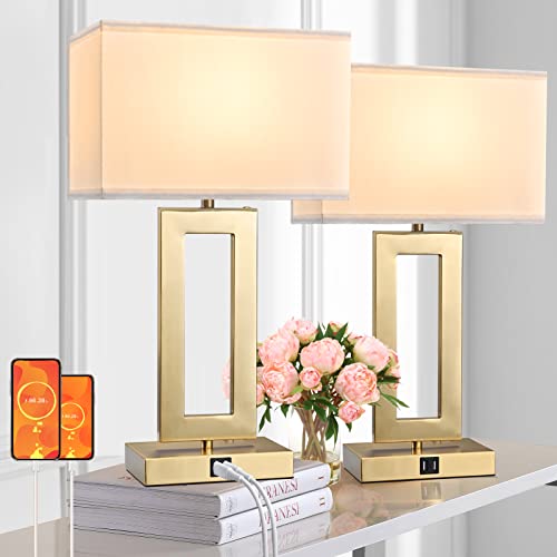 22’’ Set of 2 Touch Control Table Lamps w. 2 USB Ports, 3-Way Dimmable Bedroom Bedside Nightstand Touch Lamps, Modern Gold&White Lamps for Living Room End Table, LED Bulbs Included