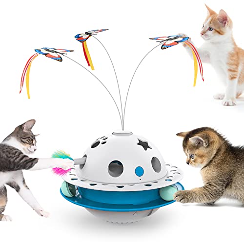 Tyasoleil 3 in 1 Smart Cat Toys, Interactive Cat Roly Poly Toy, Electric Indoor Kitten Toys, Fluttering Butterfly,Random Whack-A-Mole Mice, Catnip Track Balls, Dual Power Supplies, Auto On/Off (Blue)