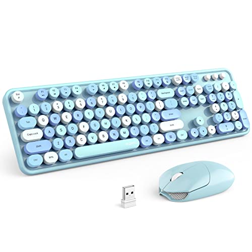 MOFII Wireless Keyboard and Mouse Combo, Blue Retro Wireless Keyboard with Round Keycaps, 2.4GHz Dropout-Free Connection, Cute Wireless Mouse for PC/Laptop/Mac/Windows XP/7/8/10 (Blue-Colorful)