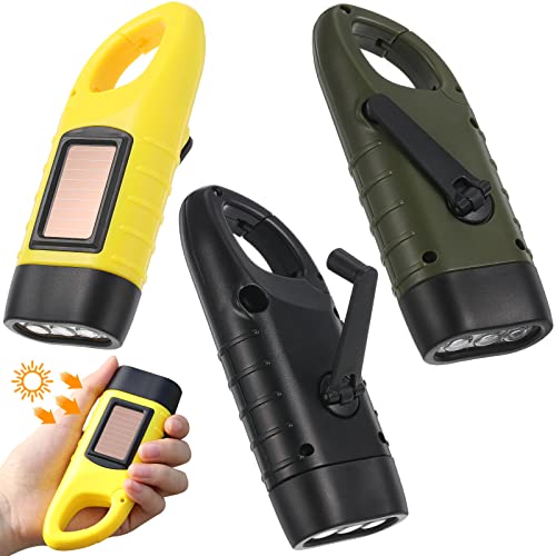 3 Packs Hand Crank Solar Powered Flashlight Rechargeable LED Flashlight Emergency Self Powered Charging Torch Survival Gear Manual Flashlight Dynamo for Fishing Hiking Backpack Camping Home Safety