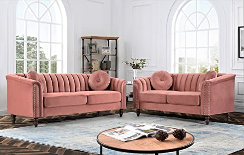 Container Direct US Pride Furniture Velvet Modern Luxury Beautifully Style Living Room Loveseat Removable Cushions and Turned Wood Legs Sofas, Rose