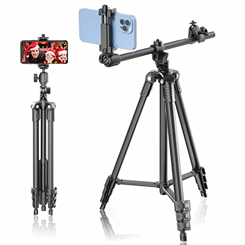 Phone Tripod, Lusweimi 67-inch Horizontal Tripod Stand with 360° Adjustable Ball Head and Wireless Remote for Camera/iPhone/Webcam, Tripod for Video Recording with Extended Arm/Clip Mount/Carry Bag