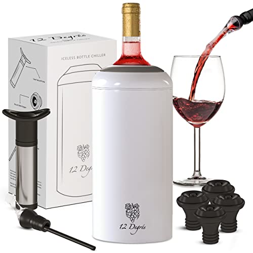 12 Degrés Iceless Wine Chiller Set - Perfect Wine Gifts for Women and Men Including Stainless Steel Insulated Wine Bottle Cooler with Wine Pump, Aerator and 4 Stoppers (White Matte)