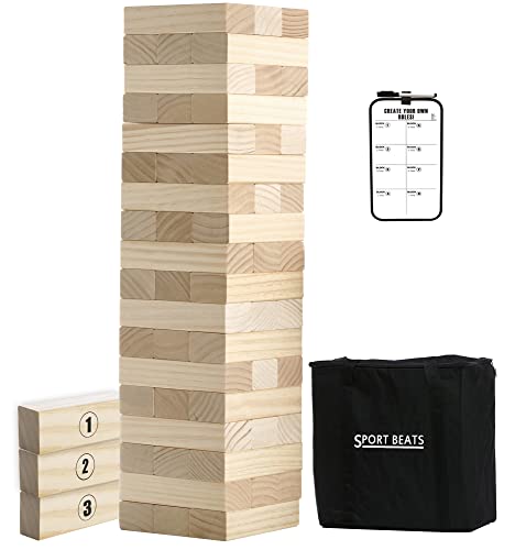 SPORT BEATS Large Tower Game Life Size Lawn Yard Outdoor Games for Adults and Family Wooden Stacking Games- Includes Rules and Carry Bag-54 Large Blocks