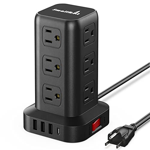 Extension Cord with Multiple Outlets, Surge Protector Power Strip Tower, 12 AC 4 USB (1 USB C)，Mini Power Strip with USB Ports, Surge Protector Tower 6.5FT Overload Protection for Home Office
