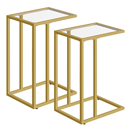 HOOBRO C Shaped End Table Set of 2, Tempered Glass Snack Side Table with Metal Frame, TV Tray Table for Small Space, Sofa Couch and Bed, Modern Style, Gold GD03SFP201