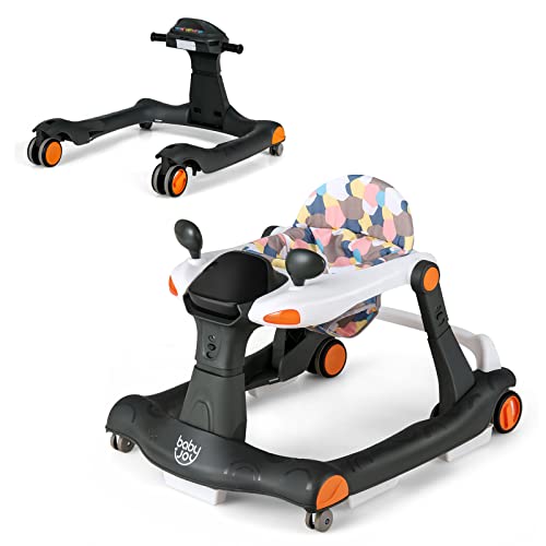 BABY JOY 2-in-1 Baby Walker, Foldable Activity Walker with Adjustable Height & Speed, Music, Lights, Mirrors, Padded Seat Cushion, Activity Baby Push Walker for Toddler Boys Girls, Ages 6 – 18 Months