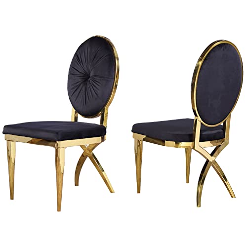 ACEDÉCOR Dining Chairs, Black Velvet Dining Room Chairs with Gold Metal Leg and Round Gem Tufting Back, Modern Luxury Style, Set of 2