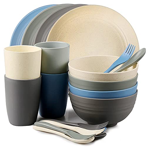 Shopwithgreen Wheat Straw Dinnerware Sets, 20 PCS Microwave Unbreakable Plates and Bowls Sets, Reusable Lightweight Tableware Dinner Dishes, Bowls, Cups, Plastic Dishes for Camping, Kitchen, RV