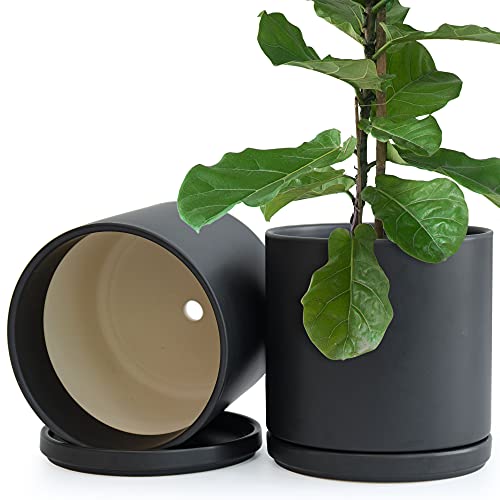 Set of 2 Plants Pot, 10 Inch Ceramic Planter Pot for Plants with Drainage Hole and Saucer, Black, 94-V-L-2