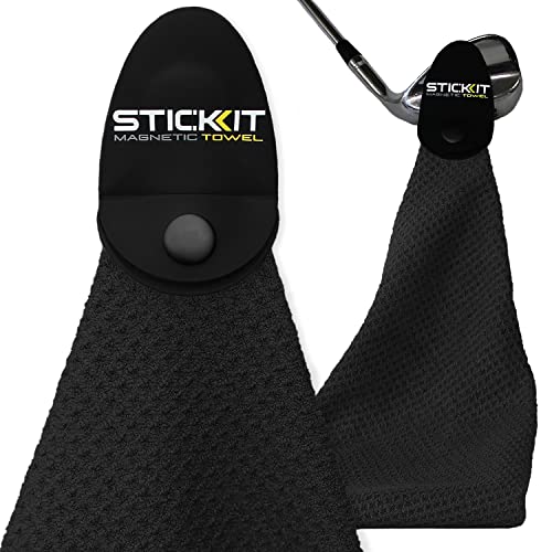 STICKIT Magnetic Golf Towel, Black | Top-Tier Microfiber Golf Towel with Deep Waffle Pockets | Industrial Strength Magnet for Strong Hold to Golf Carts or Clubs
